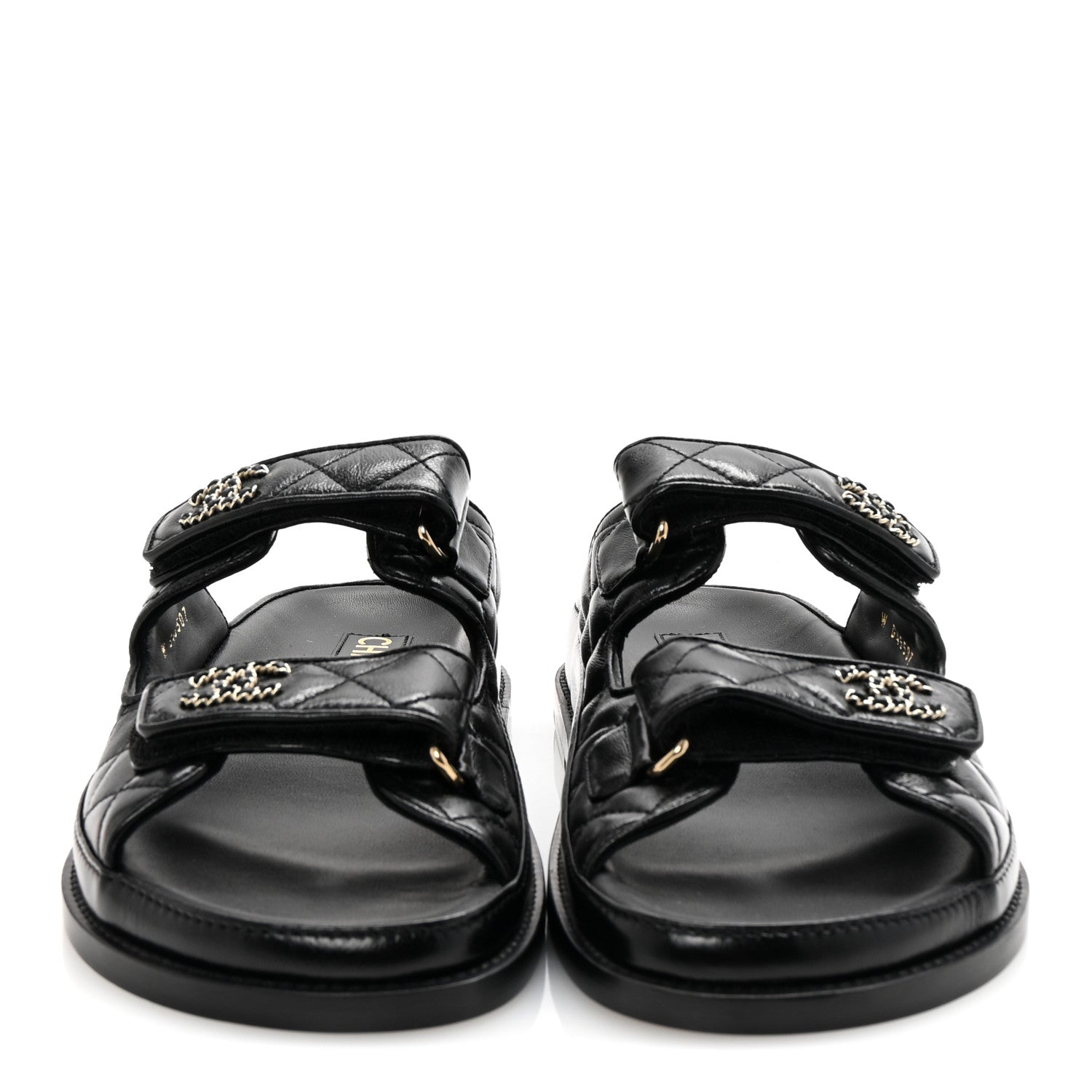 Lambskin Quilted Velcro Dad Chain CC Slide Sandals 38 Black