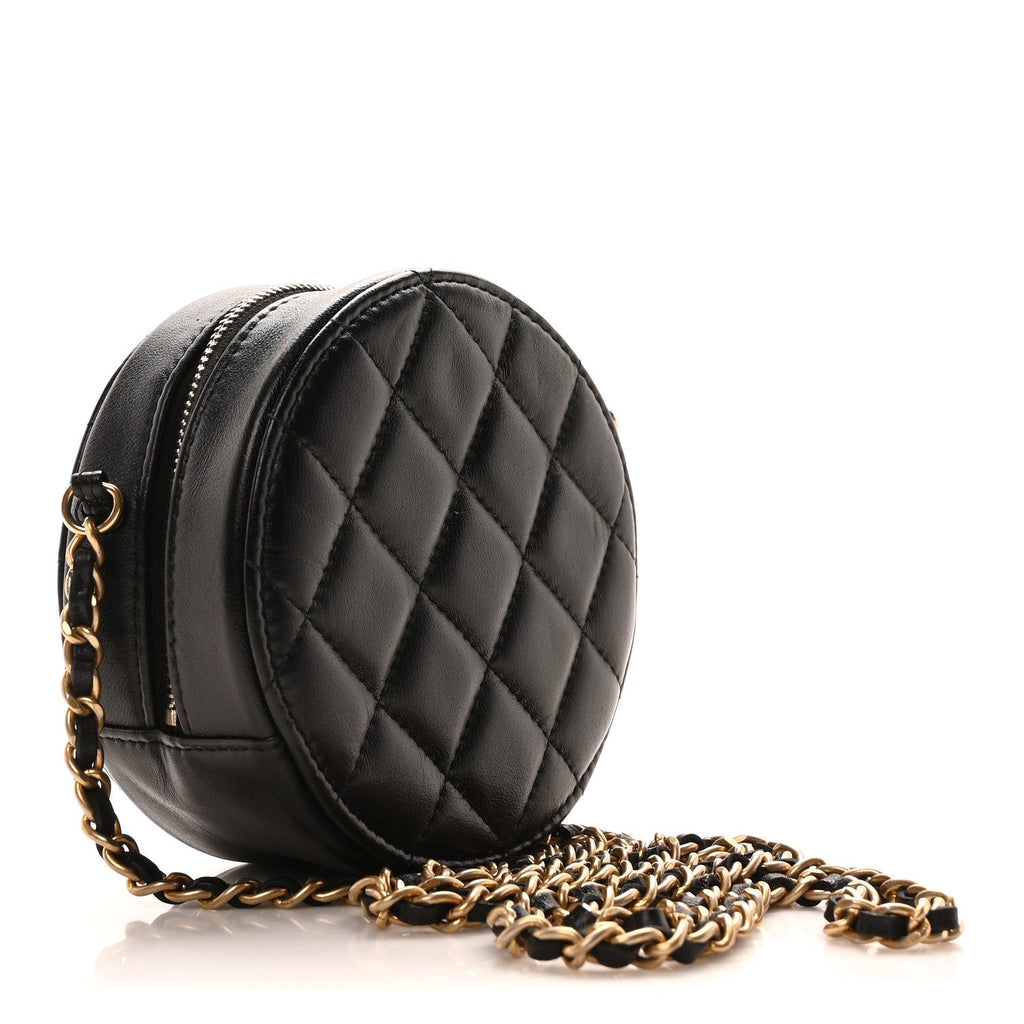 Lambskin Quilted Round Clutch With Chain Black