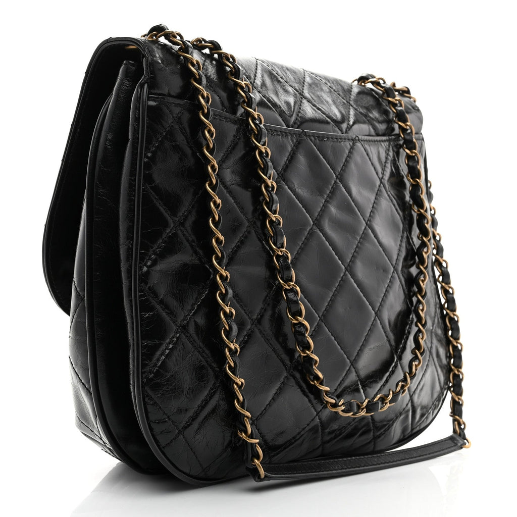 Glazed Calfskin Quilted Medium Bubble CC Flap Black
