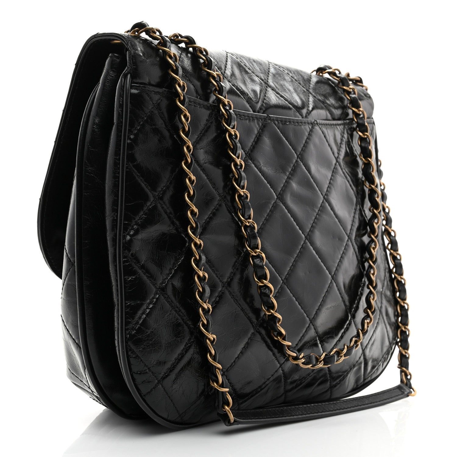 Glazed Calfskin Quilted Medium Bubble CC Flap Black