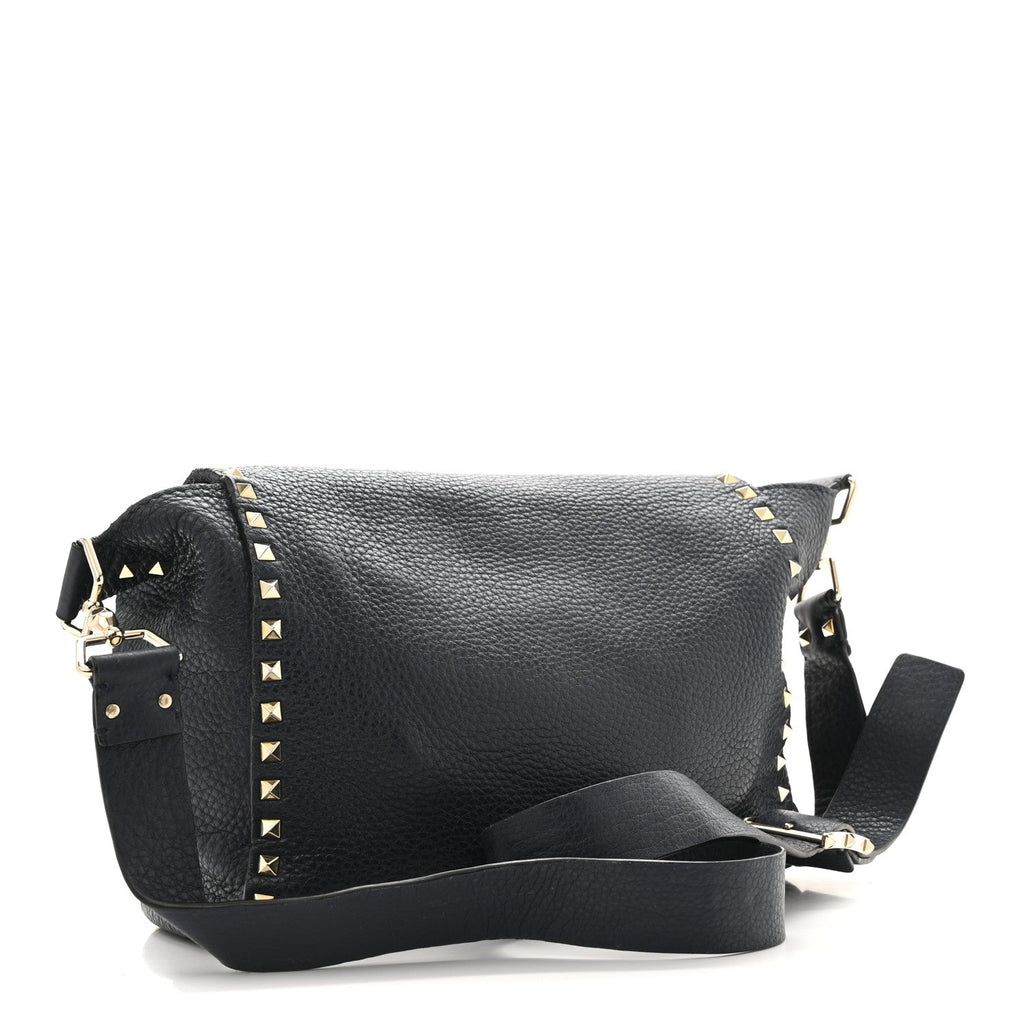 Pebbled Calfskin Rockstud Flip Lock Flap Messenger Satchel Marine