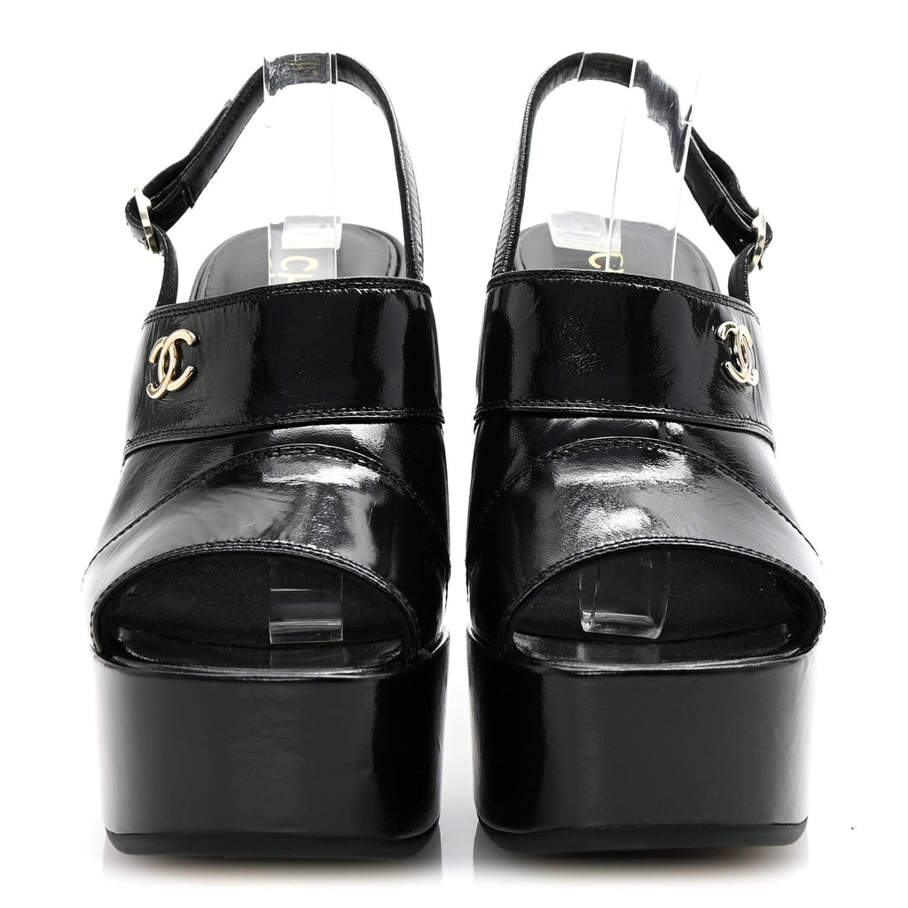 Crumpled Patent Lambskin Platform Sandals 37.5 Black