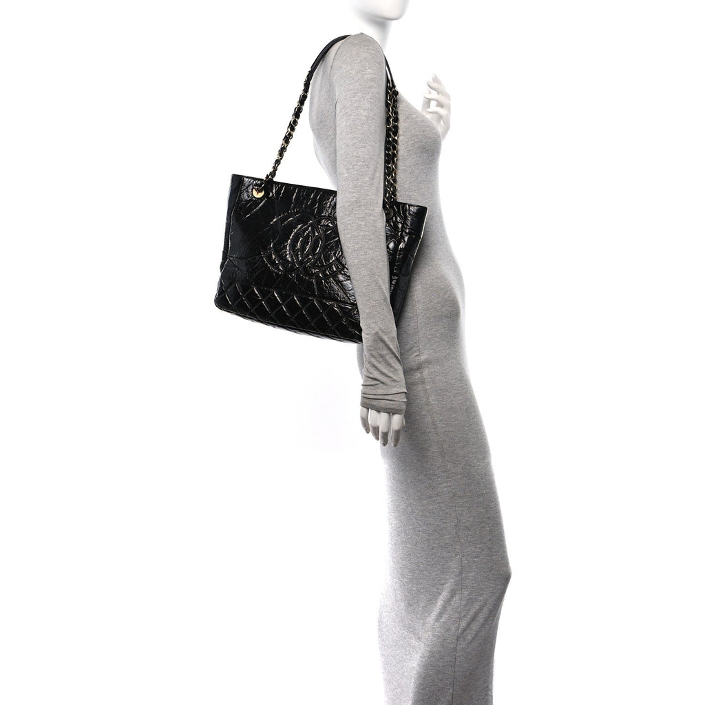 Shiny Aged Calfskin Quilted Large Shopping Bag Black