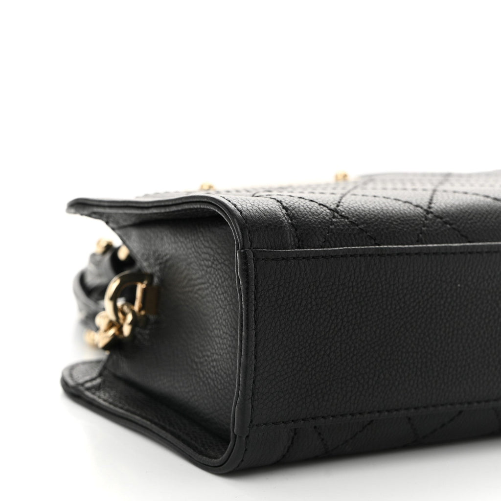 Grained Calfskin Stitched Mini Label  Shopper Tote Black