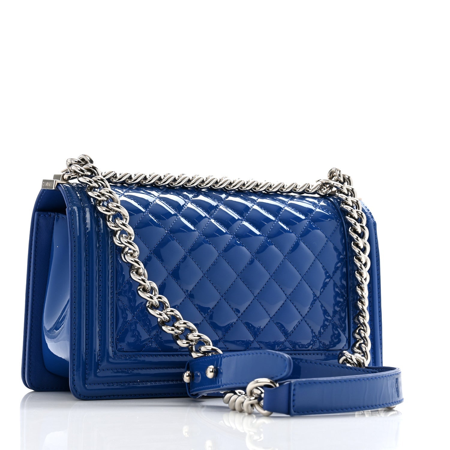 Patent Calfskin Quilted Medium Plexiglass Boy Flap Blue