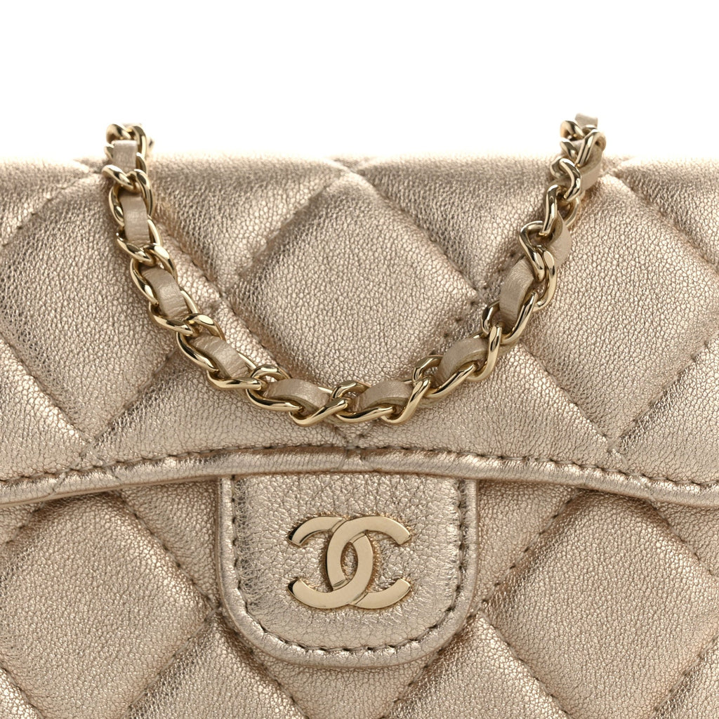 Metallic Lambskin Quilted Flap  Holder On Chain Gold