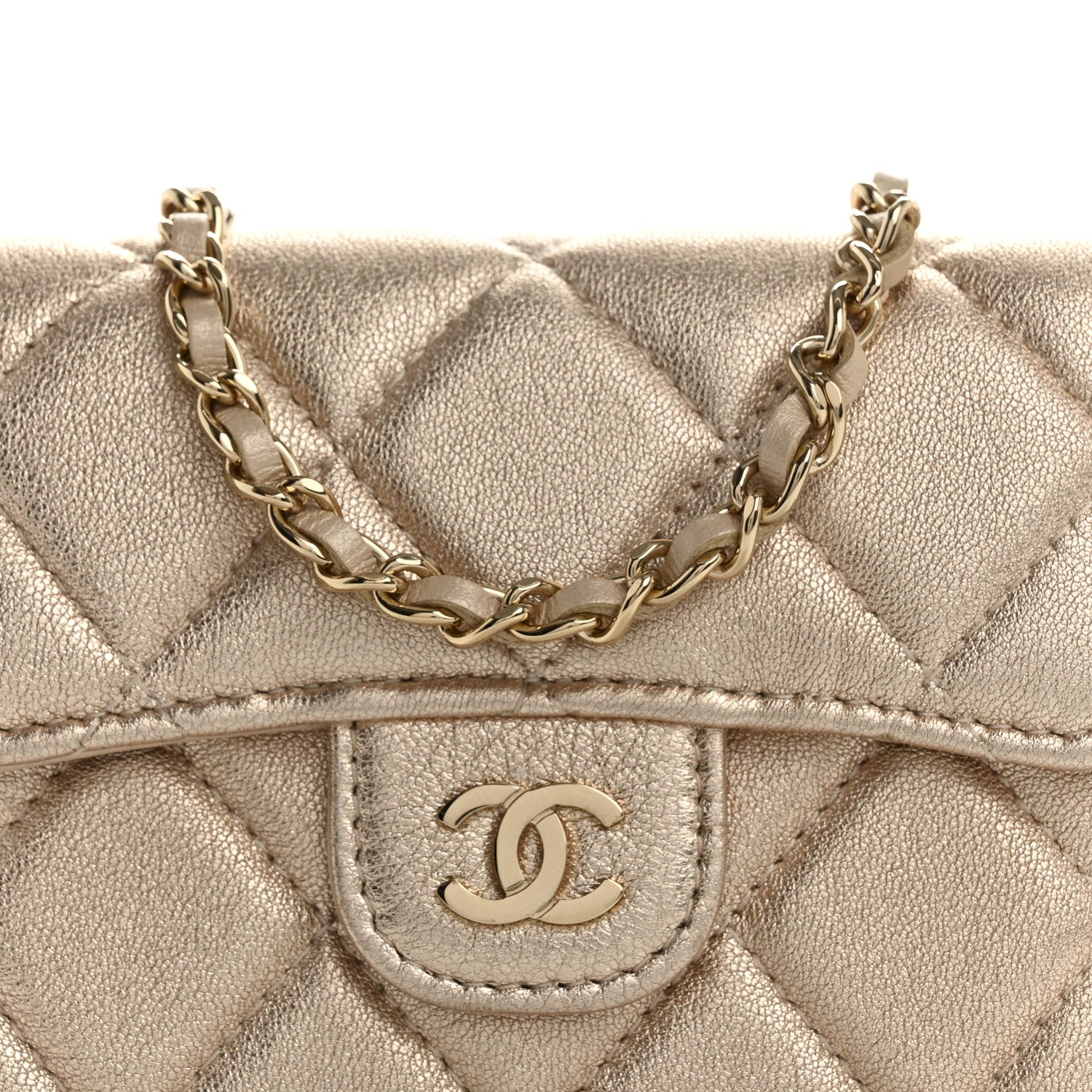 Metallic Lambskin Quilted Flap  Holder On Chain Gold