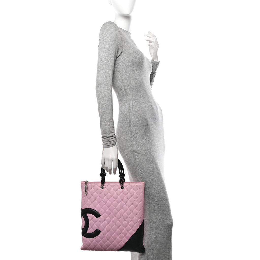 Calfskin Quilted Cambon Flat Tote Pink Black