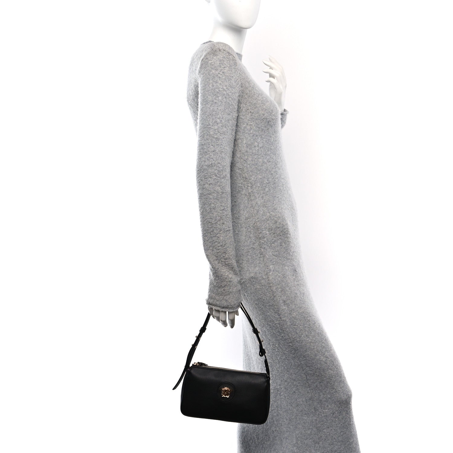 Grained Calfskin Medusa Shoulder Bag Black