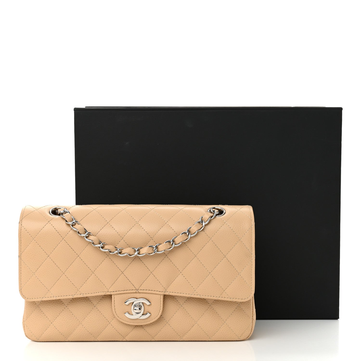 Caviar Quilted Medium Double Flap Beige