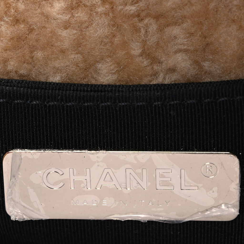 Shiny Crumpled Sheepskin Shearling Waist Bag Black Beige