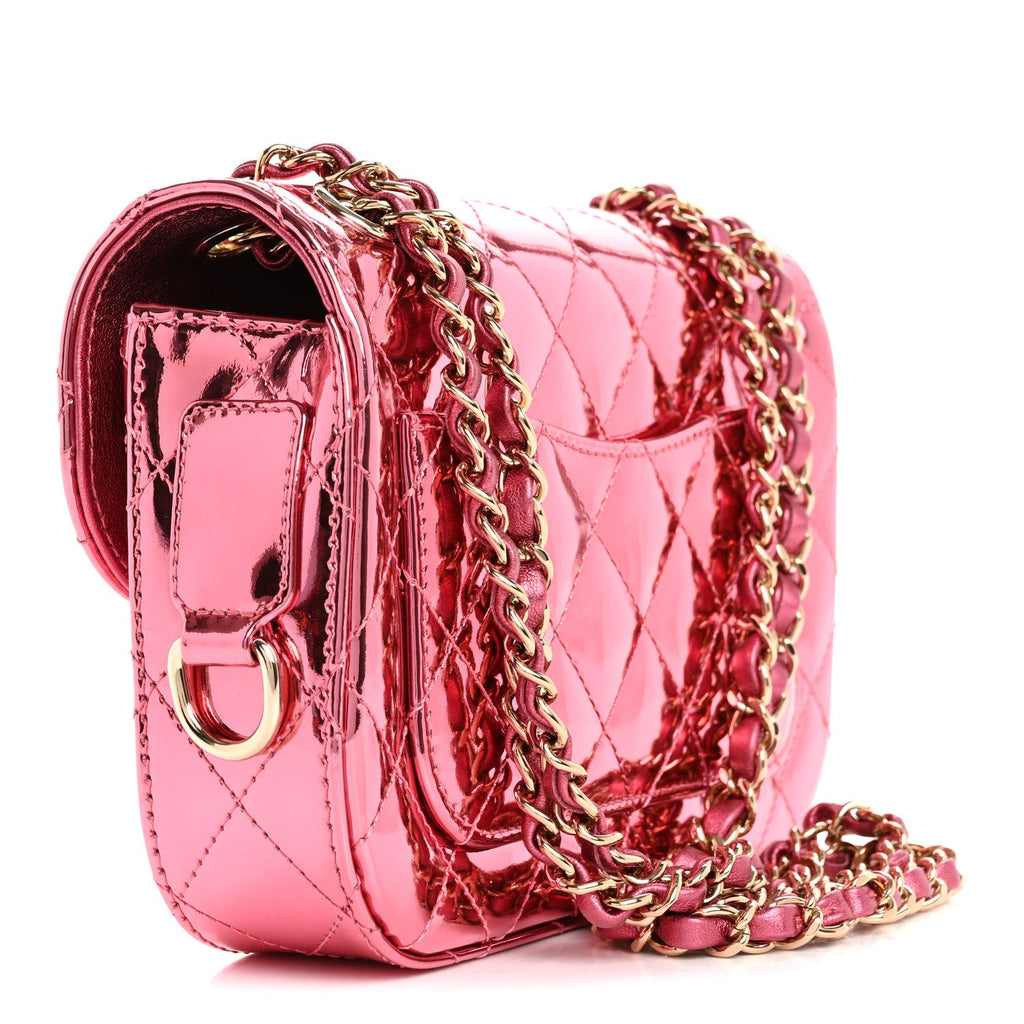Mirror Calfskin Metallic Lambskin Quilted Hollywood Boulevard Mini Flap With Star Coin Purse Pink