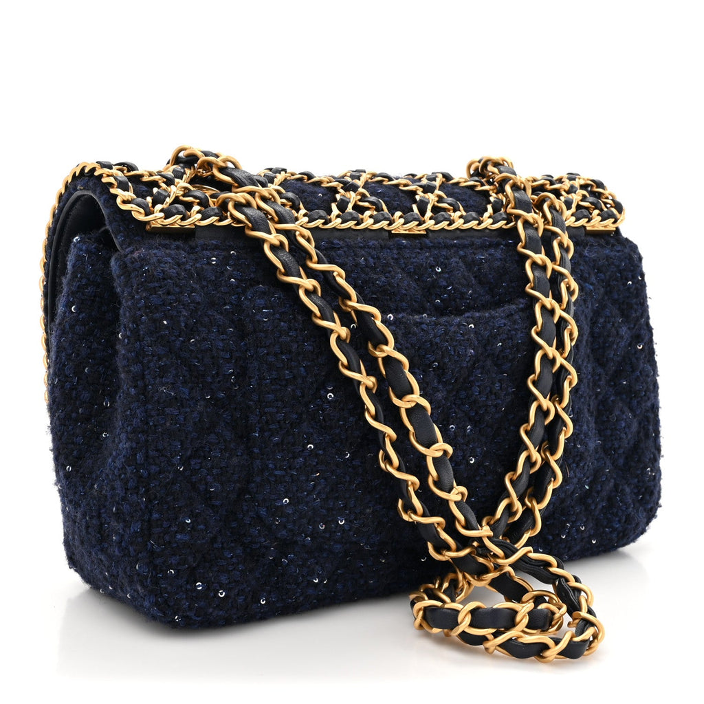 Tweed Sequin Timeless Classic Chained Double Flap Navy Blue