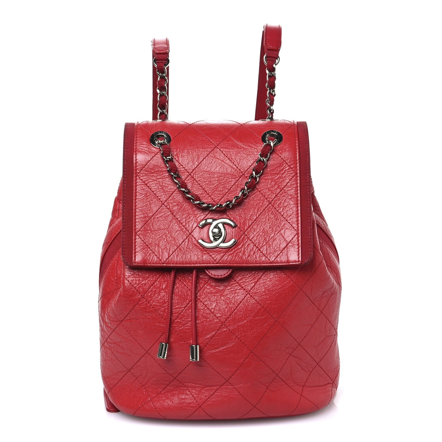 Crumpled Grained Calfskin Quilted Backpack Red
