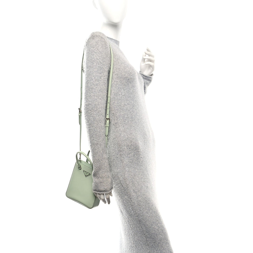 Spazzolato Metal Triangle Logo Small Double Handle Crossbody Tote Acqua