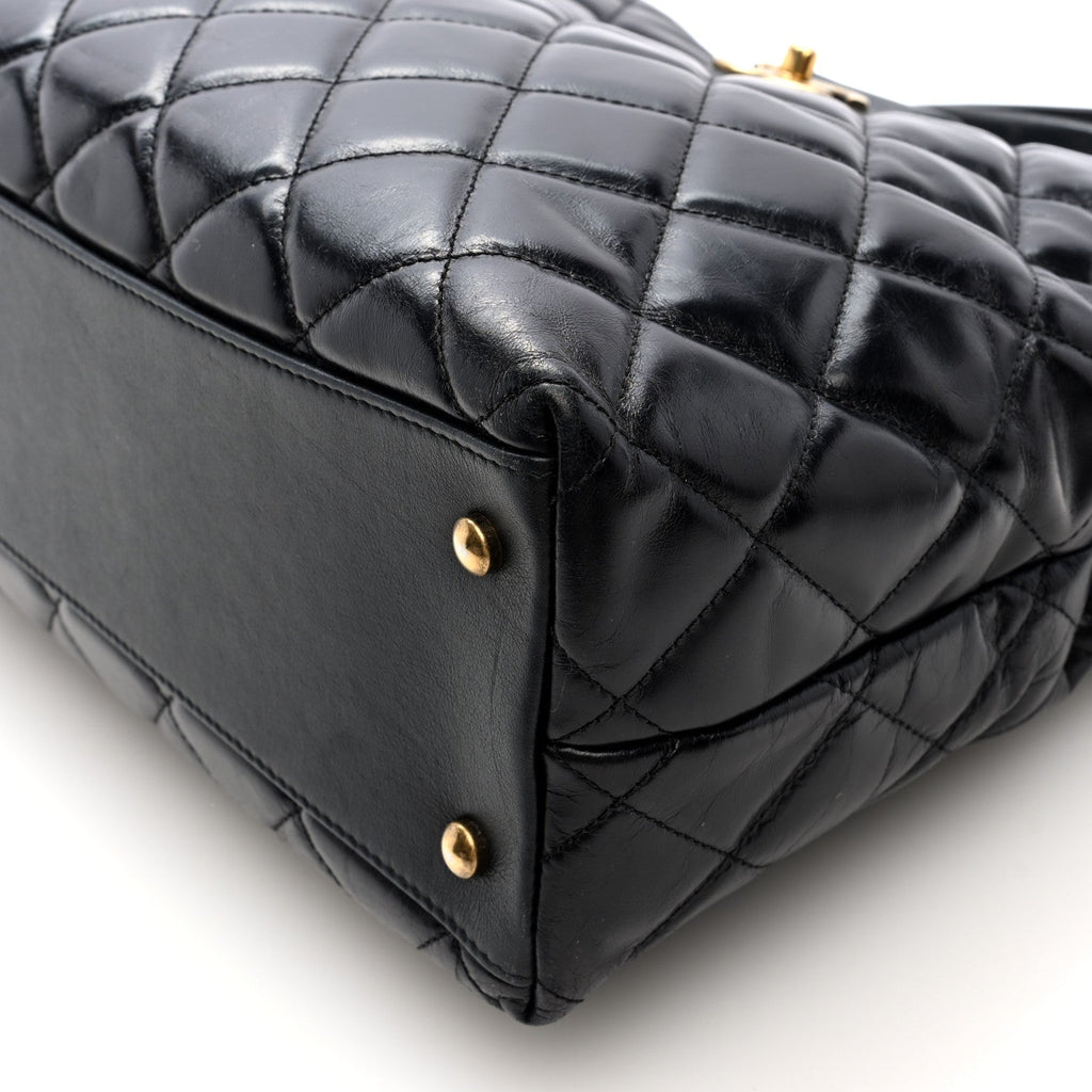 Glazed Calfskin Quilted Gold Bar Tote Black