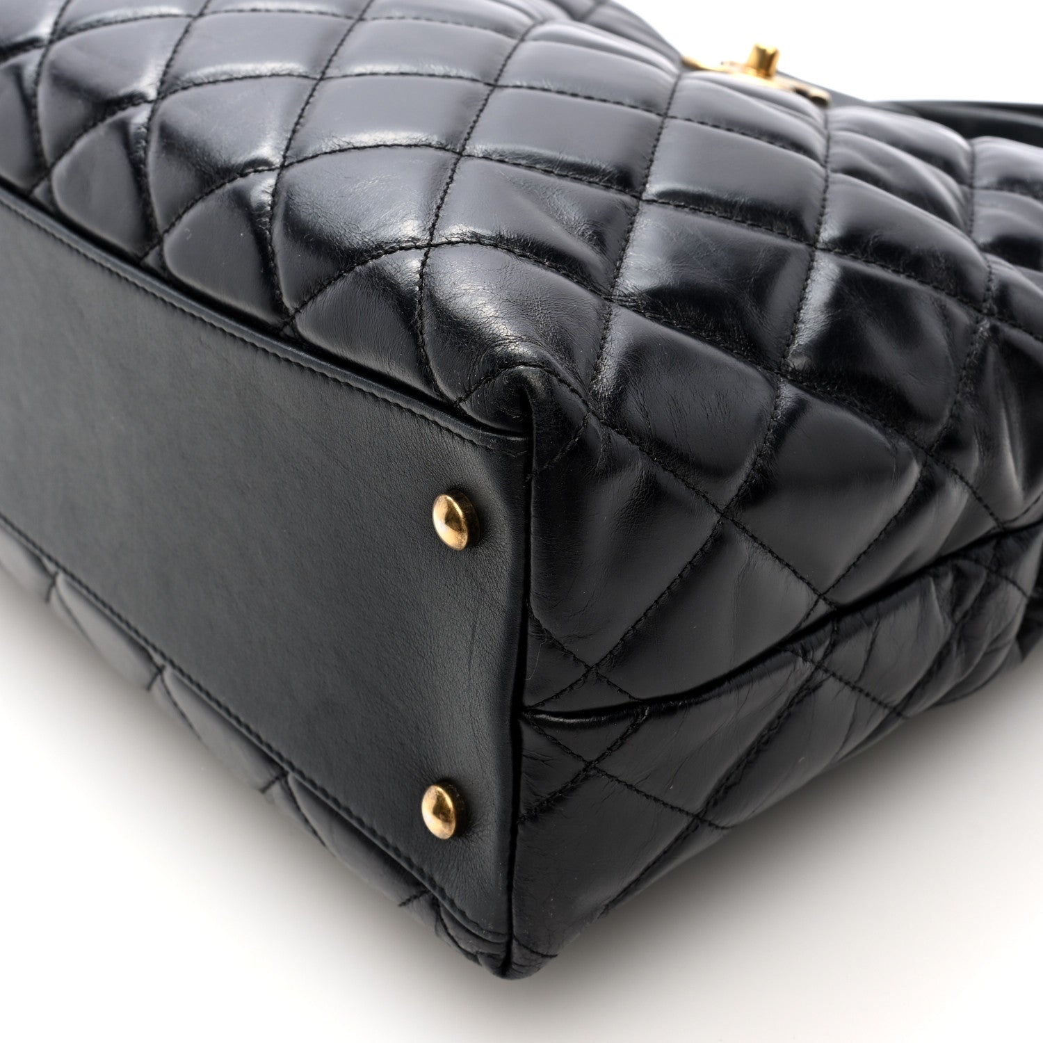 Glazed Calfskin Quilted Gold Bar Tote Black