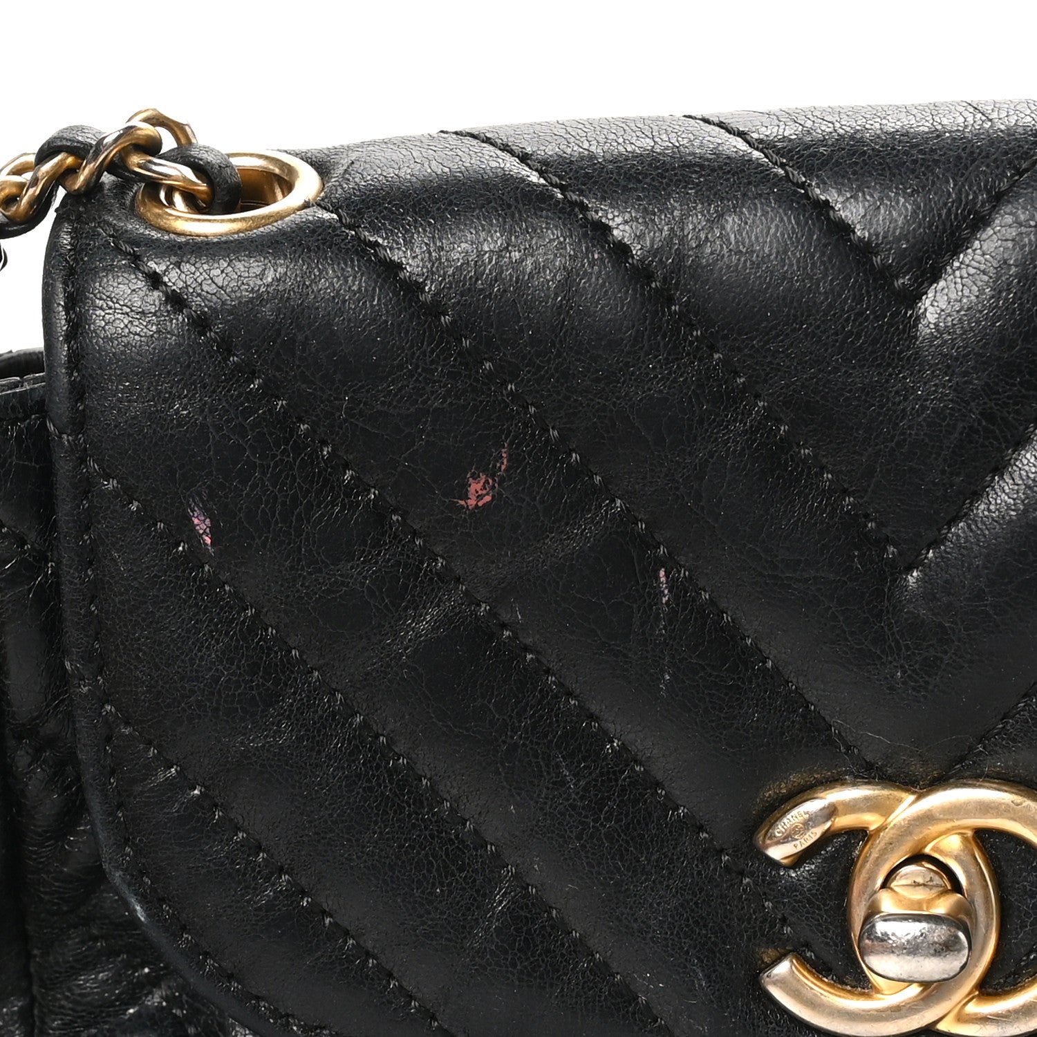 Glazed Calfskin Chevron Quilted Hampton Flap Black