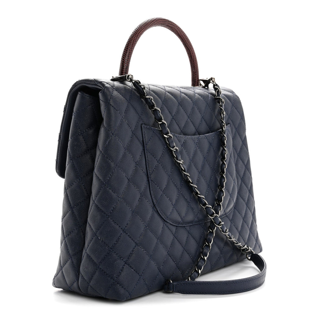 Caviar Lizard Quilted Large Coco Handle Flap Blue