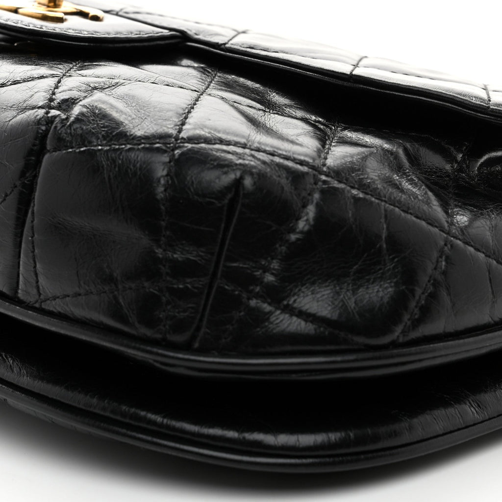 Glazed Calfskin Quilted Medium Bubble CC Flap Black