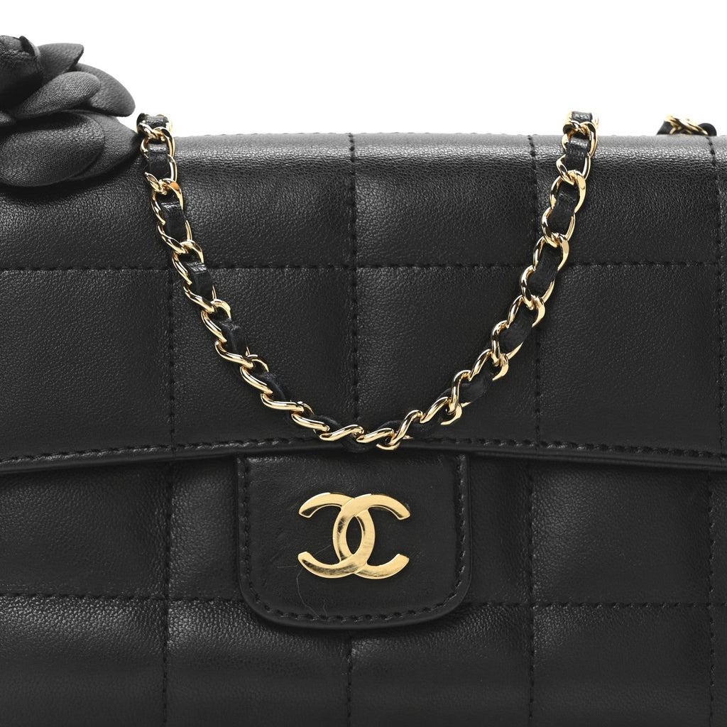 Lambskin Quilted Mini Chocolate Bar Camellia Flap Black