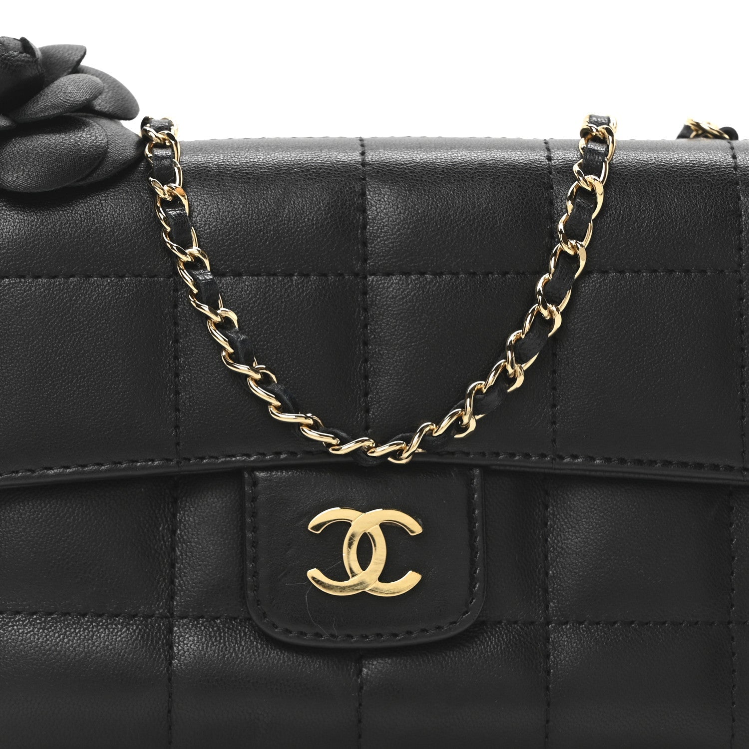 Lambskin Quilted Mini Chocolate Bar Camellia Flap Black