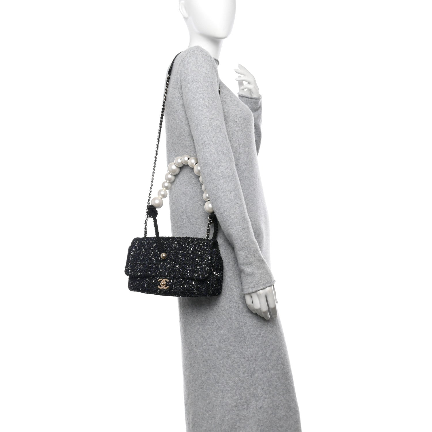 Tweed Medium Pearl Handle Flap Black Ecru