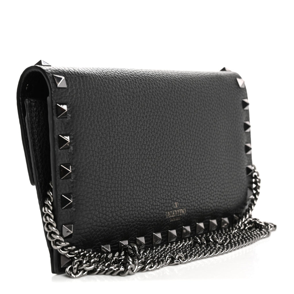 Grained Calfskin Rockstud Flap Wallet On Chain Black