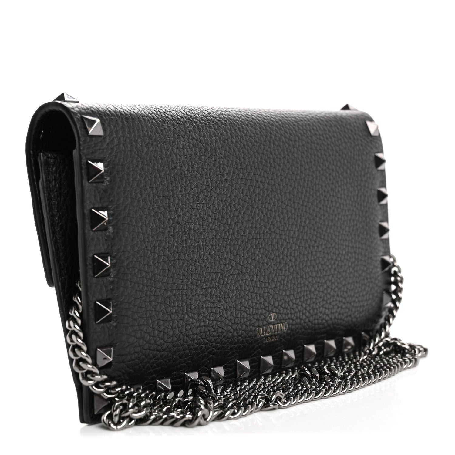 Grained Calfskin Rockstud Flap Wallet On Chain Black