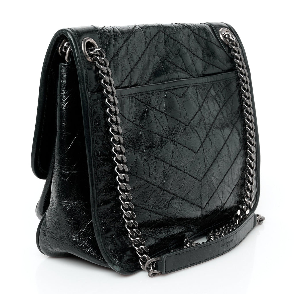 Crinkled Calfskin Matelasse Monogram Medium Niki Chain Satchel Black