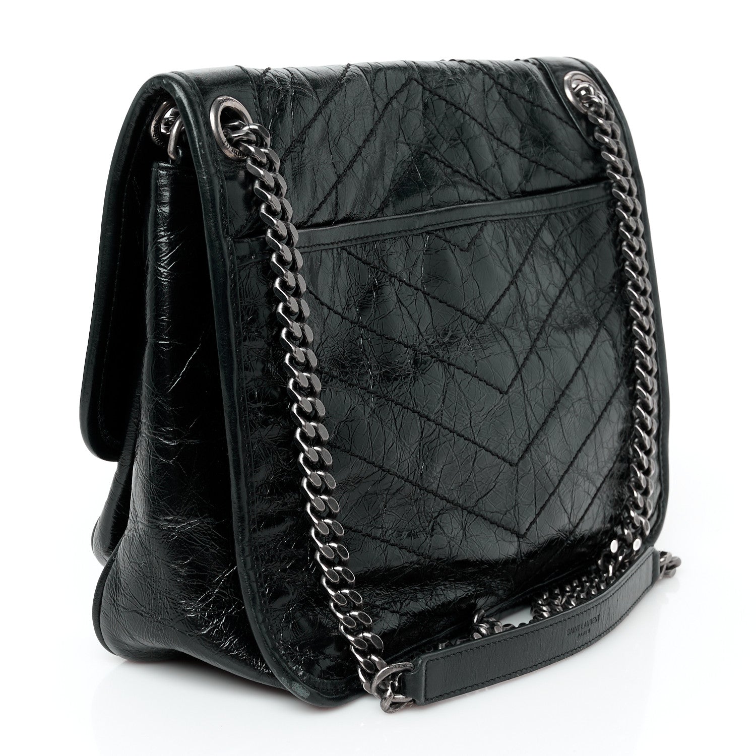 Crinkled Calfskin Matelasse Monogram Medium Niki Chain Satchel Black