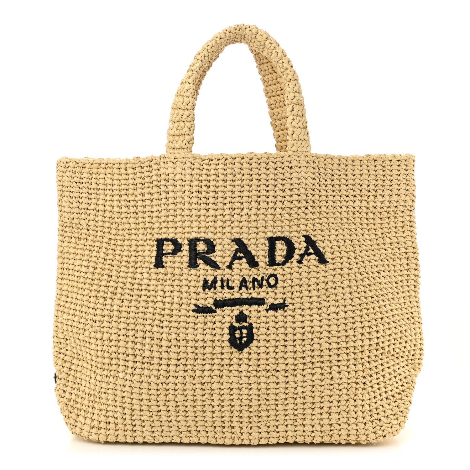 Yarn Raffia Effect Crochet Embroidered Logo Tote Naturale