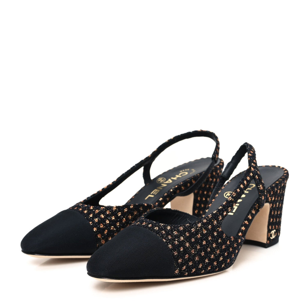 Iridescent Tweed Grosgrain Cap Toe CC Slingback Pumps 37.5 Black Gold
