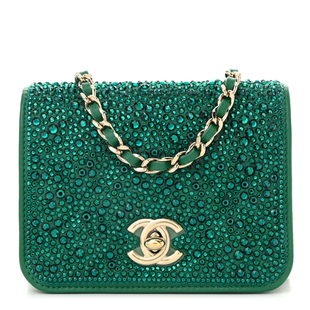 Lambskin Crystal Diamante Clutch With Chain Green
