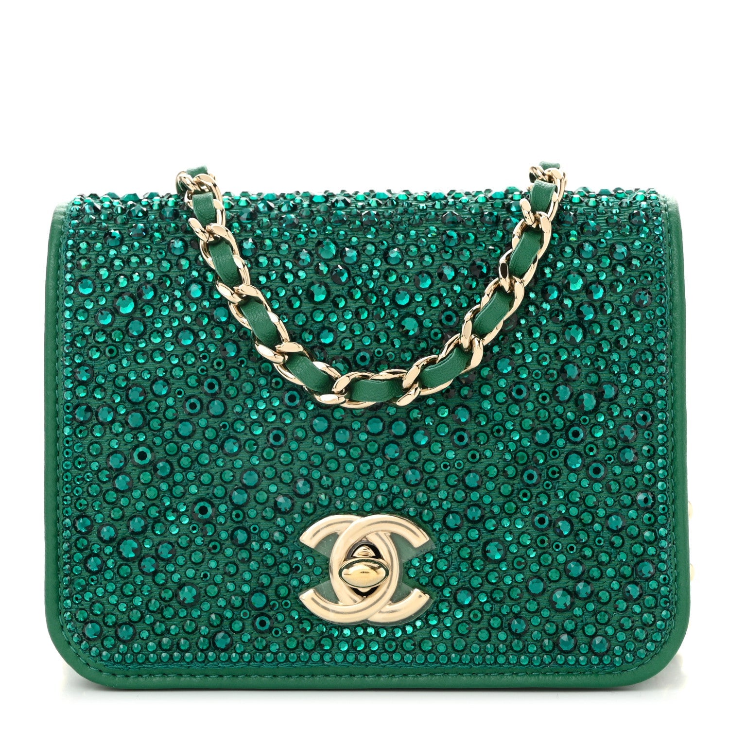 Lambskin Crystal Diamante Clutch With Chain Green