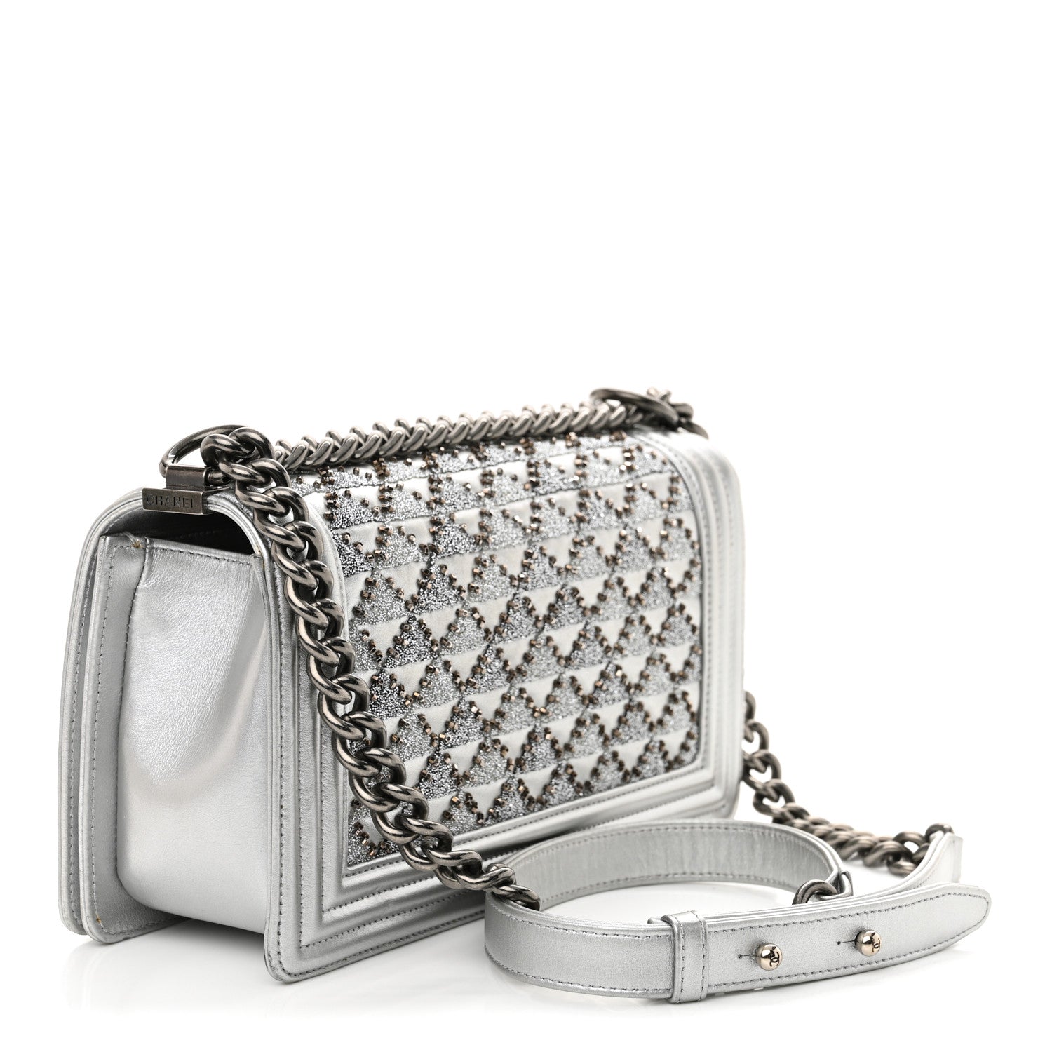 Metallic Lambskin Embellished Medium Boy Flap Silver