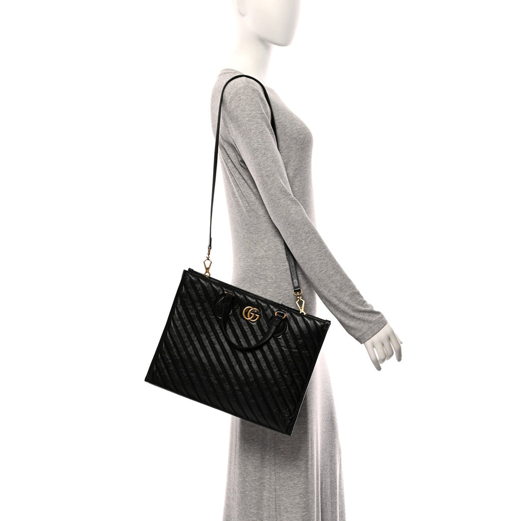 Azalea Calfskin Matelasse Diagonal GG Marmont Tote Bag Black