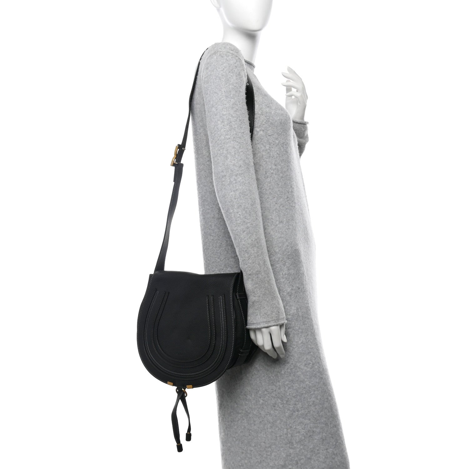 Calfskin Medium Marcie Round Crossbody Bag Black