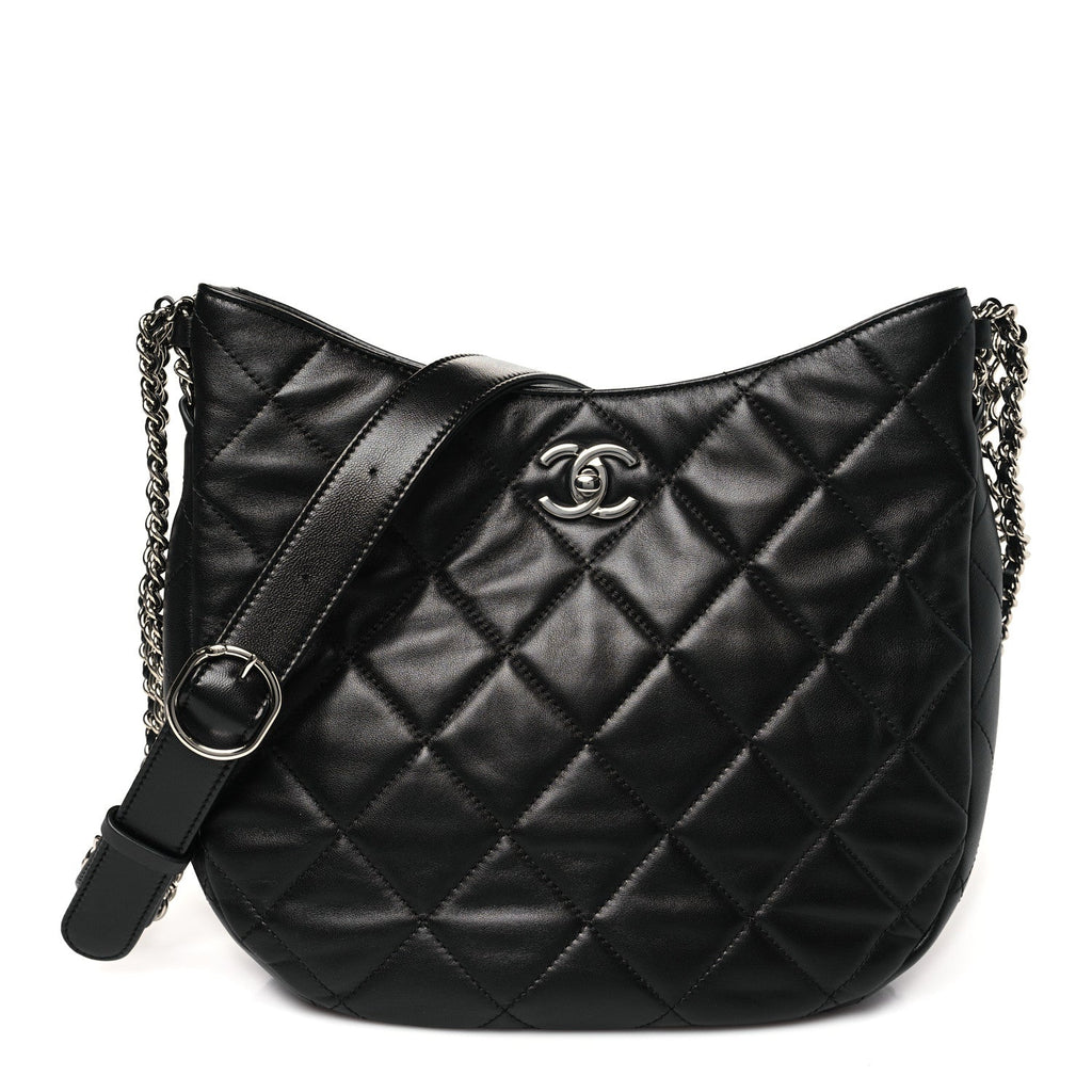 Lambskin Chain Rows Quilted Chain Hobo Black