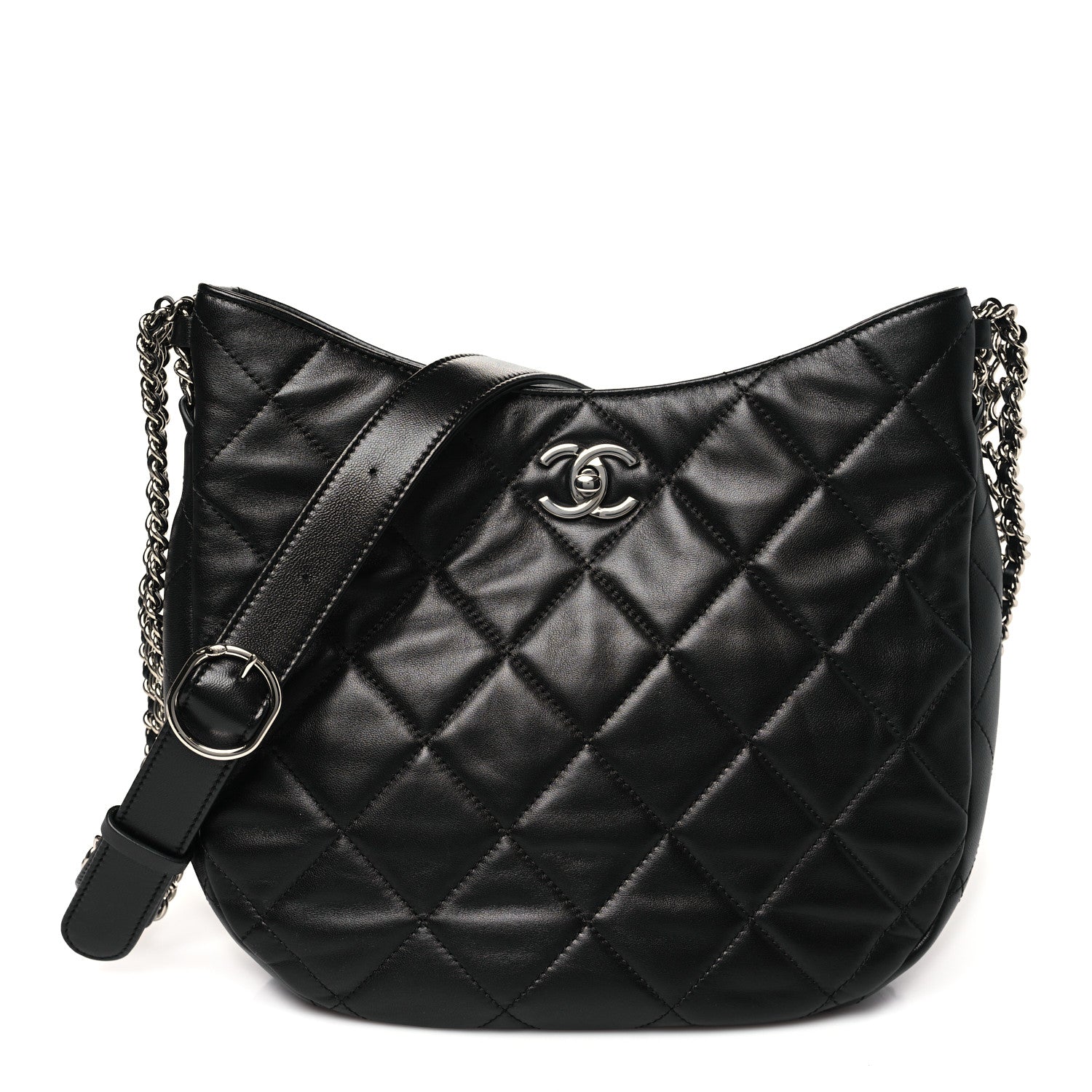Lambskin Chain Rows Quilted Chain Hobo Black