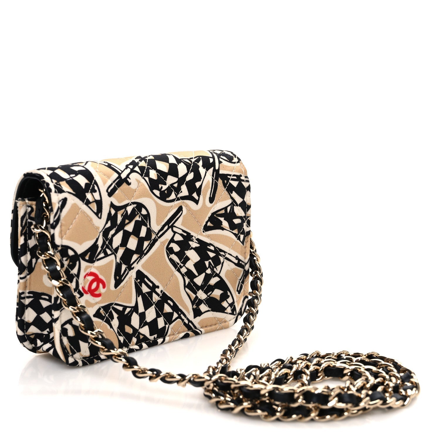 Canvas Check Flag Printed CC Clutch With Chain Beige Multicolor