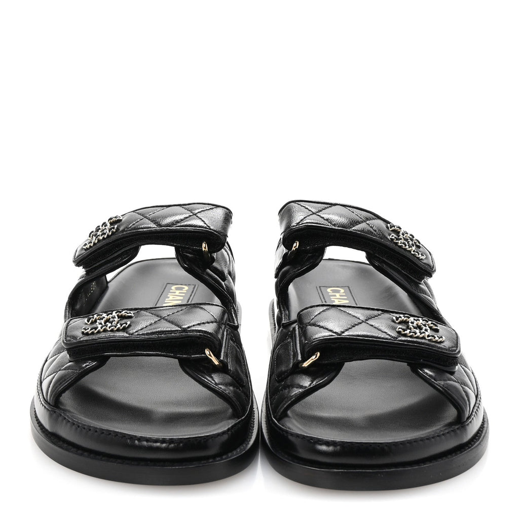 Lambskin Quilted Velcro Dad Chain CC Slide Sandals 37.5 Black