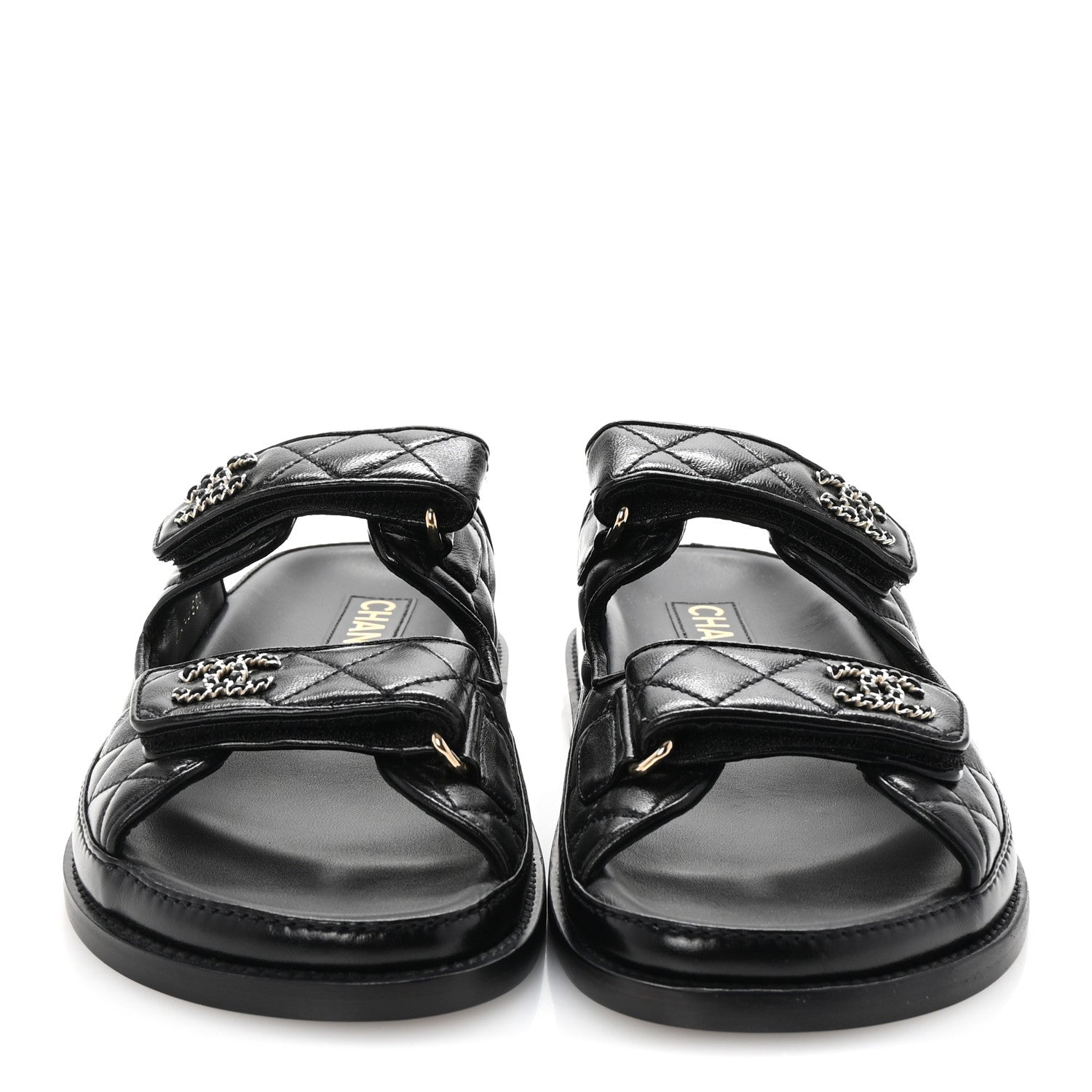 Lambskin Quilted Velcro Dad Chain CC Slide Sandals 37.5 Black