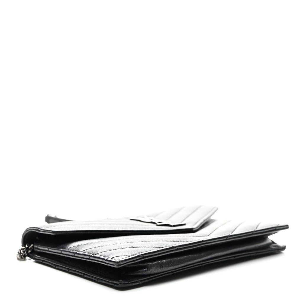 Calfskin Matelasse Chevron Monogram Envelope Chain Wallet Black