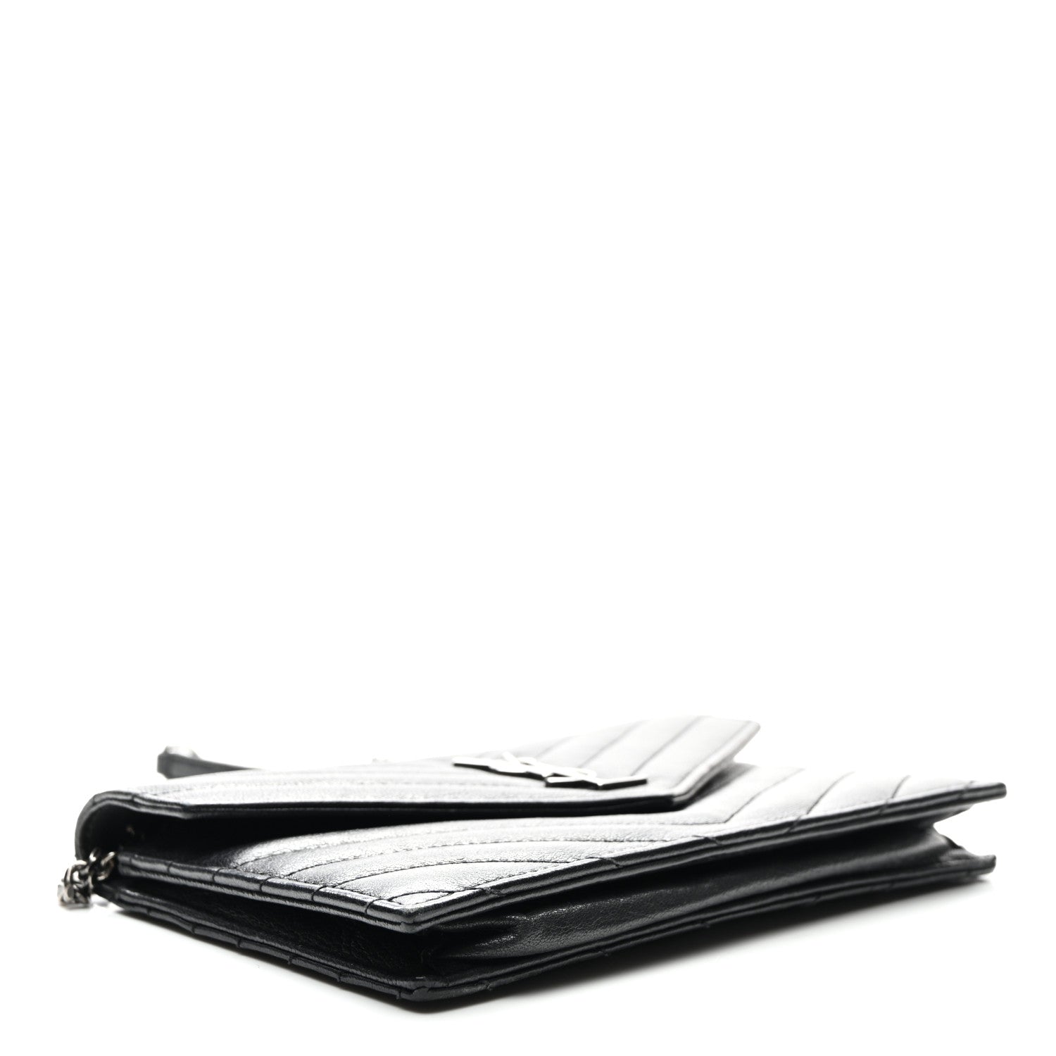 Calfskin Matelasse Chevron Monogram Envelope Chain Wallet Black