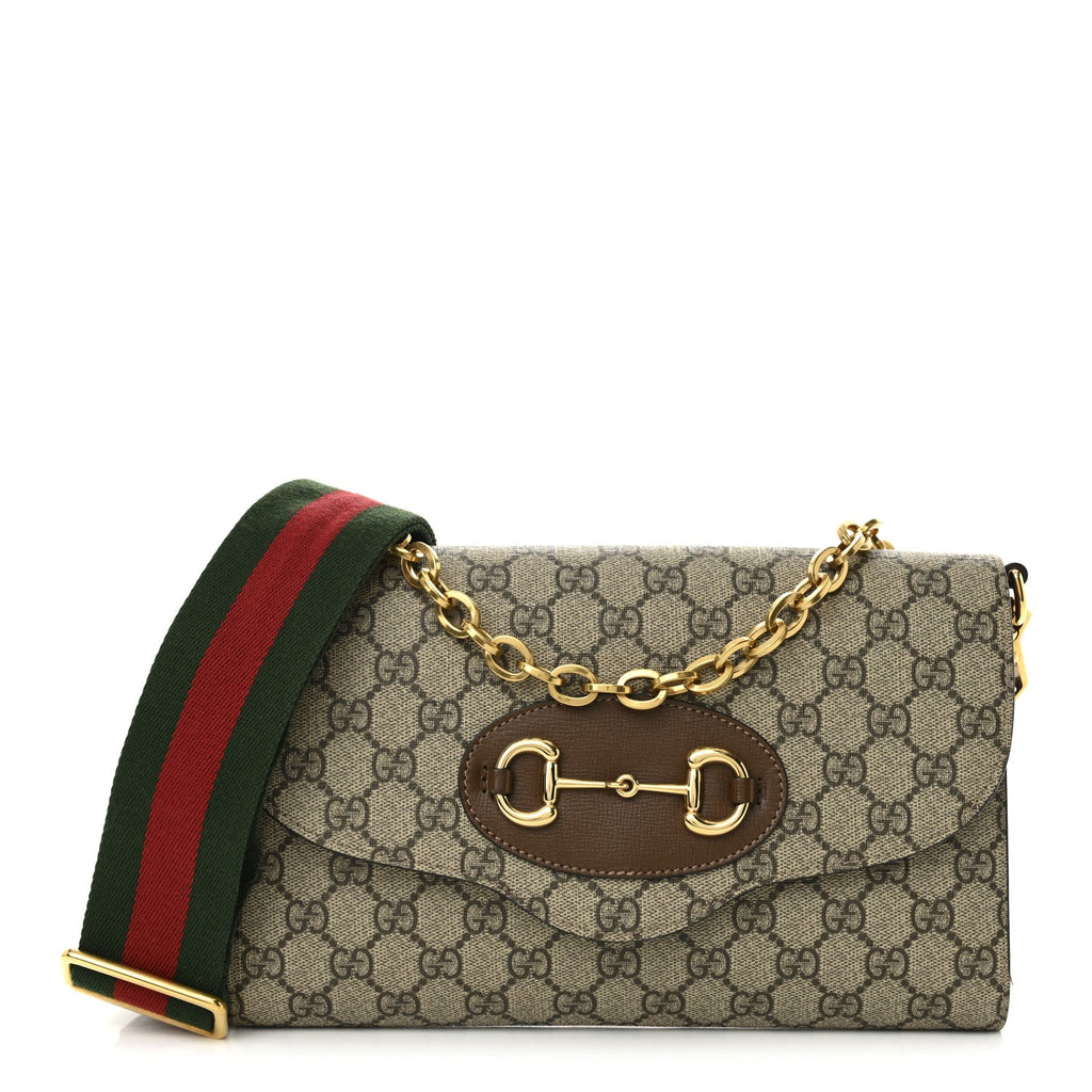 GG Supreme Monogram Azalea Calfskin Web Small Horsebit 1955 Crossbody Bag Beige Ebony Brown Sugar