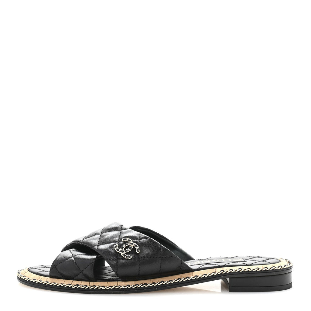 Lambskin Quilted Chain CC Sandals 39 Black