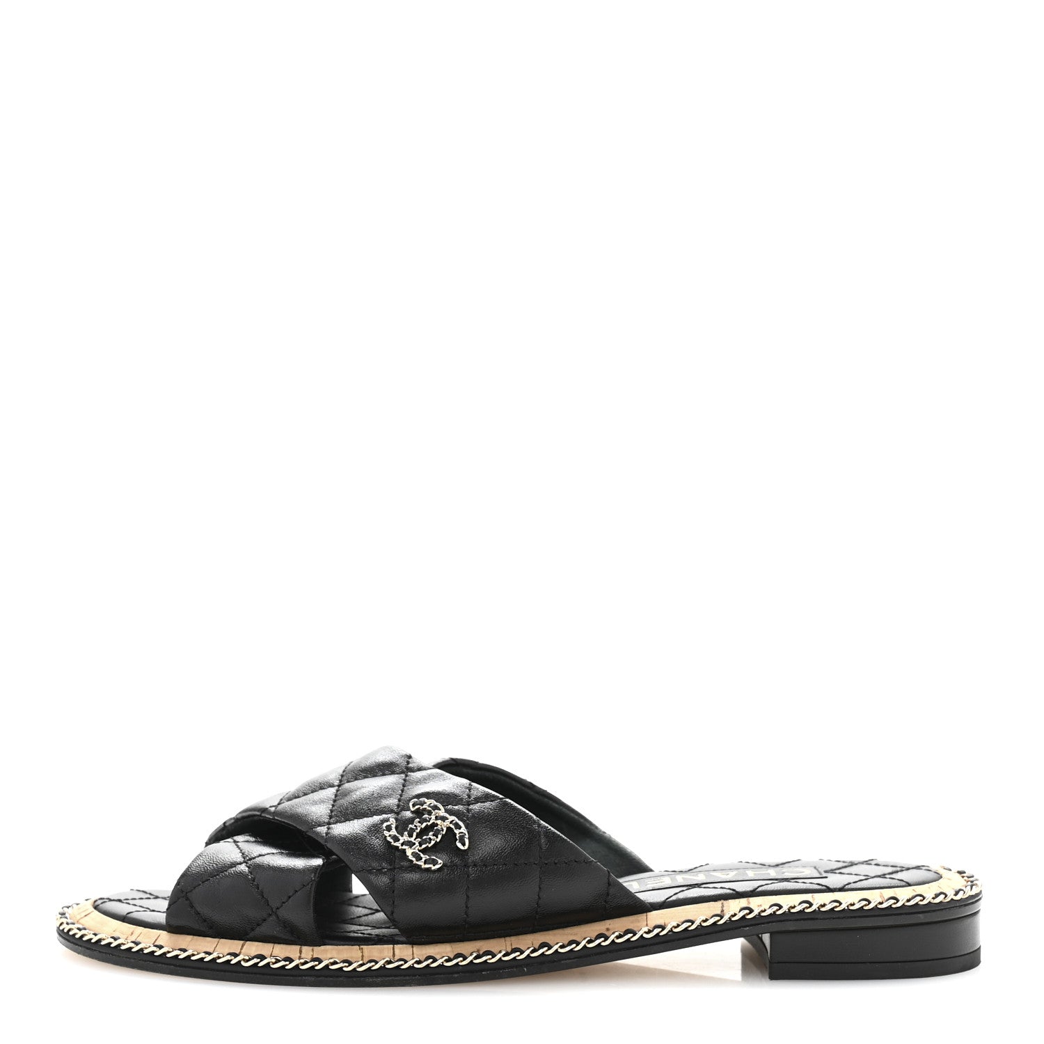 Lambskin Quilted Chain CC Sandals 39 Black