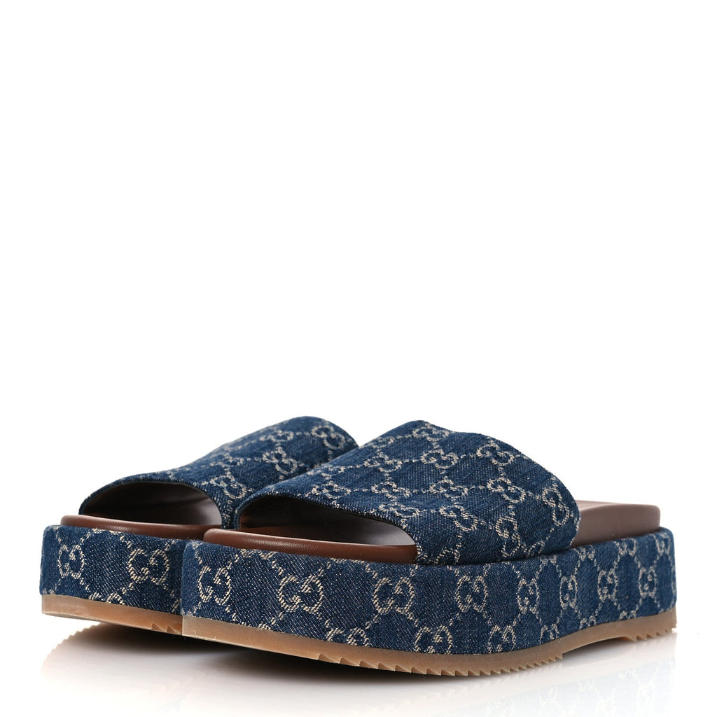 New Denim GG Monogram Angelina Platform 55mm Slide Sandals 40 Blue Tea