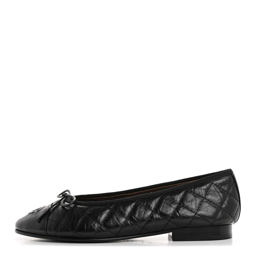 Aged Calfskin Quilted CC Cap Toe Ballerina Flats 37.5 Black